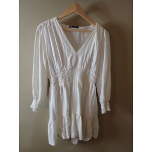 ZARA New Oyster White Bohemian Linen Blend Short Dress Large Summer Boho